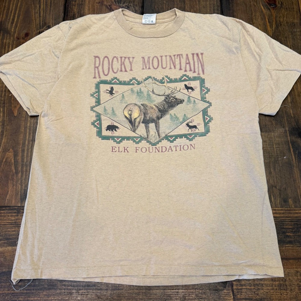 Vintage Alore Rocky Mountain Elk Foundation Graphic T-Shirt Tan Mens XL USA Made